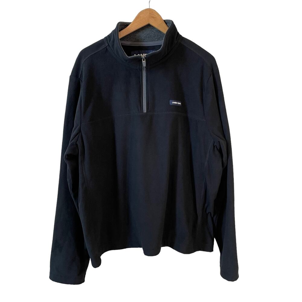 LANDS END Mens Quarter Zip Fleece Pullover Sweater Black XL 46-48 Outdoor Casual